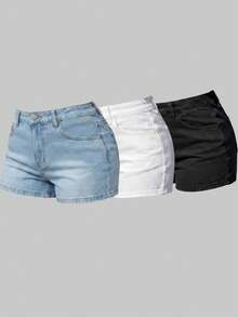 SHEIN Girlism 少女夏季海滩波西米亚休闲三件套，白色、浅蓝色、深蓝色低腰高弹力牛仔迷你短裤，三件套牛仔百慕大短裤，夏季假期音乐会锐舞节可爱两件套，适合夏季休闲、学校、校园、大学、夏季服装，适合春夏波西米亚风，季节复古/海滩/海洋/优雅毕业典礼，休闲，暑假，春季服装，海滩，假期，情人节，暑假，海滩假期，毕业典礼 - 彩色 - 查看 1