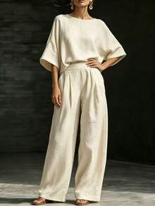 SHEIN Franclia 女款休閒優雅亞麻混紡蝙蝠袖上衣與寬腿褲套裝，春夏通勤休閒舒適日常穿搭 - 杏色 - 查看 7