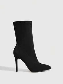 Daringsoles 女款尖頭性感側拉鍊彈性靴 緊身PU短靴 高跟靴 派對度假休閒女靴 - 黑色絨布 - 查看 9