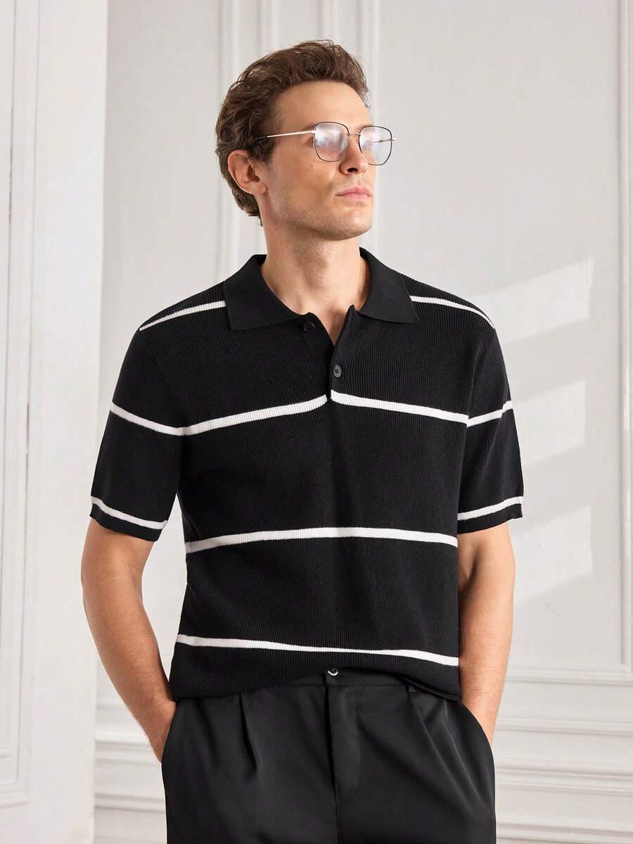 Officeau Sweater Pullover Polos Kasual Pria untuk Perjalanan Kerja, Kancing Berongga - Hitam - View 1