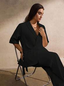 Juhart Blazer delgado con lazo en color albaricoque, elegante y minimalista para mujer de talla grande - Negro - Ver 4