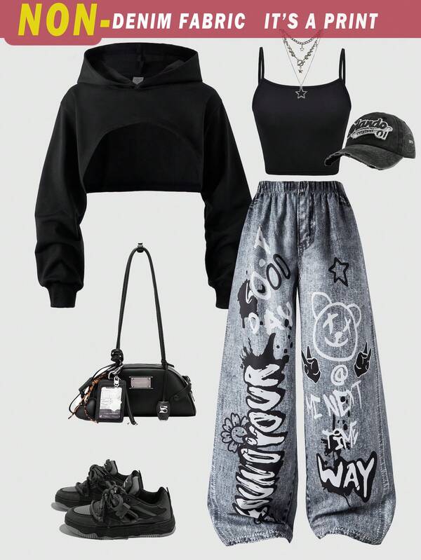 SHEIN ChillGRL Teen Girls 3pcs/Set Round Neck Street Cool Casual Teen Girls Loose Denim Print Pants, Cropped Camisole Top, And Long Sleeve Hoodie Outfit, Fashion