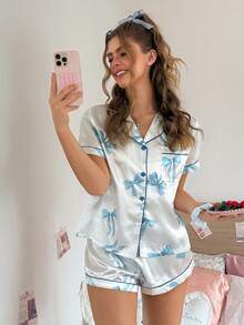SweetSlumber PJS9 Women's Satin Digital Print Pajama Set - Blue - View 1