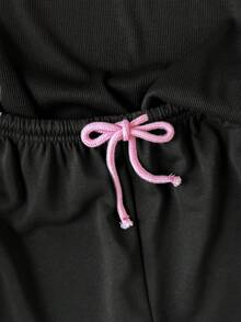 SHEIN 青少年女孩休閒對比黑健身夏季T恤套裝 - 黑色 - 查看 6