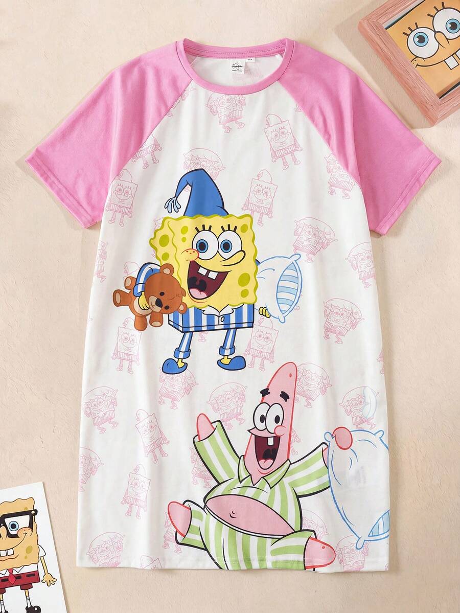 SpongeBob SquarePants | SHEIN Vestido casual de uso diario y para dormir para niña preadolescente, cuello redondo, estampado de dibujos animados, bloques de color - Rosa - Ver 1