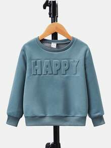 SHEIN Áo nỉ cổ tròn in họa tiết tiếng Anh thoải mái, đa năng cho bé trai - Màu xanh bụi bặm - Xem 6