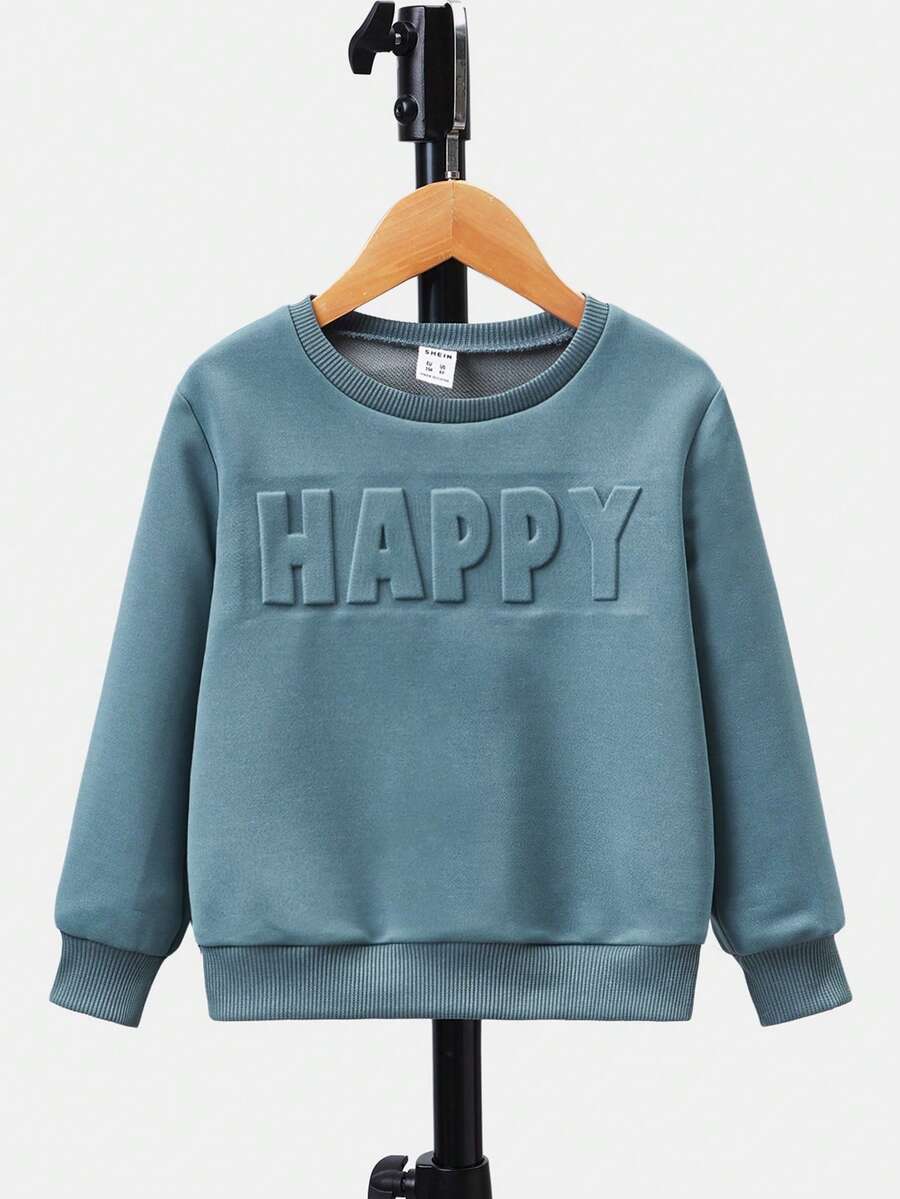 SHEIN Young Boys Casual Loose Comfortable Versatile English Graphic Print Crew Neck Sweatshirt,In Fall/Winter - Dusty Blue - View 1