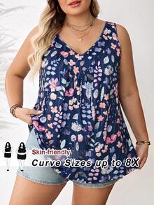 SHEIN CURVE+ Women's Plus Size Navy Blue V-Neck Loose Tank Top Vacation Summer Boho - Navy Blue - View 1