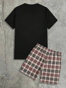 AXEPEAK Casual Bear Print T-Shirt And Plaid Shorts Men's Set - Multicolor - View 2