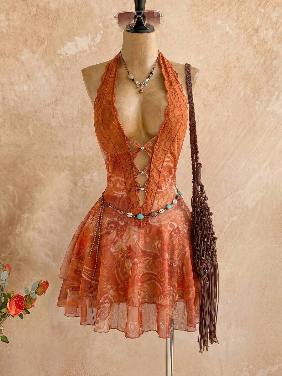 Soleia 女士度假腰果印花撞色蕾丝吊带迷你连衣裙 - 橘色 - 查看 1