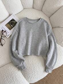 SHEIN Tween Girls 深灰色短款连帽衫，高腰长袖休闲简约纯色运动衫，适合秋冬日常休闲穿着 - 灰色 - 查看 9