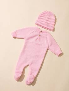 SHEIN 2件組 Hello I'm Here 趣味圖案刺繡新生兒攝影套裝 針織海軍藍連身褲連帽衣 嬰兒拍照秋季道具 - 西瓜粉 - 查看 2