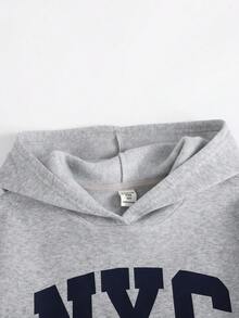 SHEIN Tween女孩秋冬休閒保暖內裡加厚衛衣套裝，紐約市印花，寬鬆圓領，落肩長袖連帽，搭配印花牙籤壓褶寬腿直筒運動褲，2件式運動衛衣套裝，麻灰色 - 灰色 - 查看 5