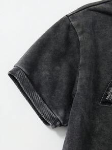 新款黑色水洗休閒寬鬆俏皮可愛英文刺繡圓領羅紋針織牛仔兩件套，字母貼布繡設計，女孩必備，適合春秋穿著，簡約時尚百搭，日常穿著，新款針織牛仔套裝 - 黑色 - 查看 5