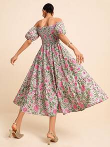 LOTSLUV Women's Early Autumn Vacation & Commute Green And Magenta Peony Floral Print Off-Shoulder Puff Sleeve Cinched Waist Dress,Beach Dress,Elegant Dresses - Multicolor - View 2