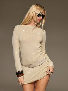 BAD SUNDAY Women's Elegant Sexy Water Drop Neck Long Sleeve Mini Knit Dress, Y2K Millennium Vintage Gold & Silver Metallic Thread, Suitable For Dating, All Seasons - Gold - View 4