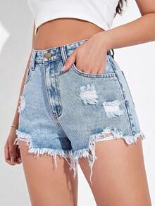 SHEIN EZwear 女款休閒日常牛仔短褲，附口袋、鈕扣，做舊磨損與毛邊下擺設計 - 淺色水洗藍 - 查看 4