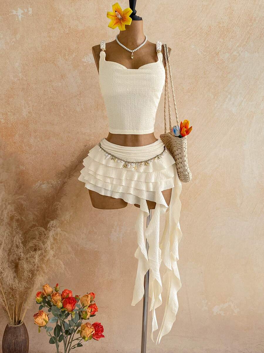 Soleia Women's Vacation Casual Solid Color Tank Top & Ruffle Hem Skirt 2 Pieces Set - White - View 1