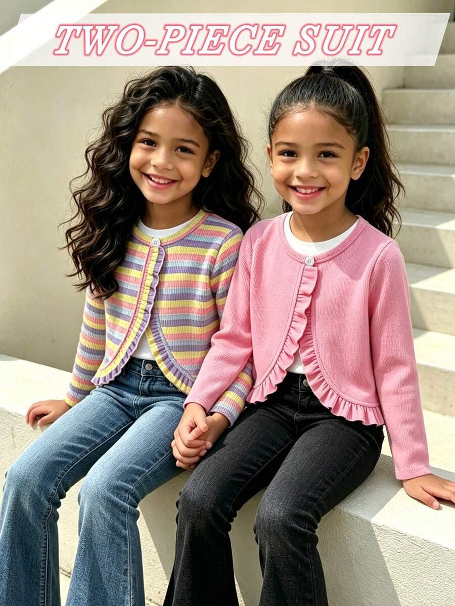 SHEIN Elladie kids 2件組幼女設計荷葉邊開襟短夾克,針織羅紋布料,粉色純色 + 彩色條紋圓領長袖短夾克,柔軟舒適,適合幼女,可愛甜美風格,完美適用於日常穿著、上學、外出、度假、派對、節日、春秋季節 - 彩色 - 查看 1