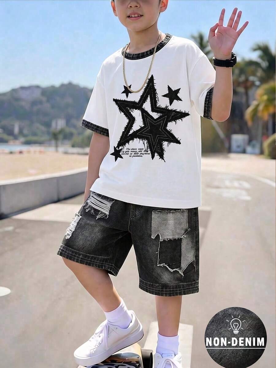 1套男童時尚星星印花休閒圓領短袖T恤與短褲,簡約百搭,適合日常穿著,時尚酷感休閒風 - 彩色 - 查看 1