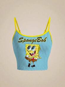 SpongeBob SquarePants | SHEIN 女士休闲度假通勤趣味卡通字母条纹印花修身短款吊带背心，夏季 - 白色 - 查看 1