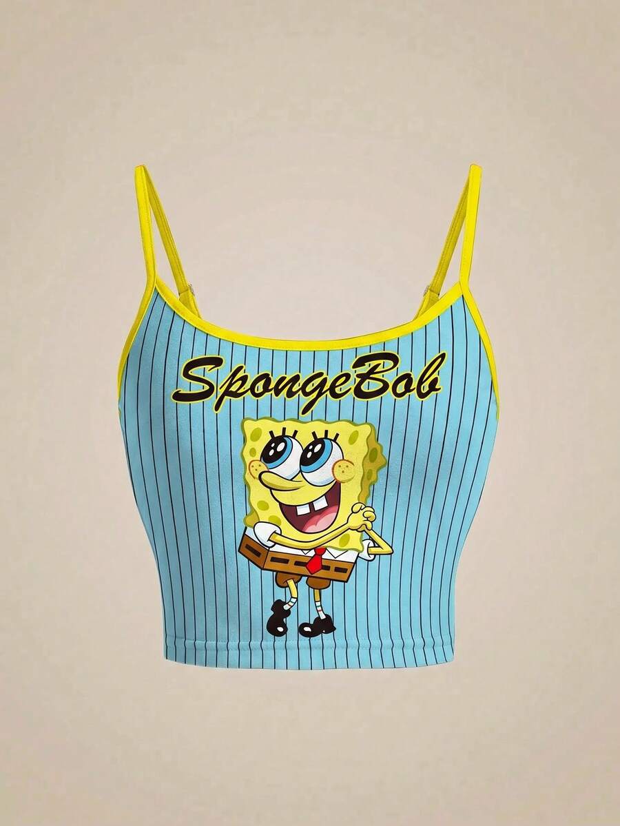 SpongeBob SquarePants | SHEIN 女士休闲度假通勤趣味卡通字母条纹印花修身短款吊带背心,夏季 - 白色 - 查看 1