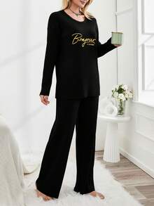 SHEIN Cottnline طقم بيجامة نسائي مكون من ملابس علوية طويلة الأكمام بطبعة حرفية وبنطلون - الأسود - مشاهدة 3