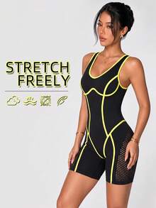 SHEIN Core Rhythm 女款休閒百搭條紋拼色運動連身褲 - 黑色 - 查看 4