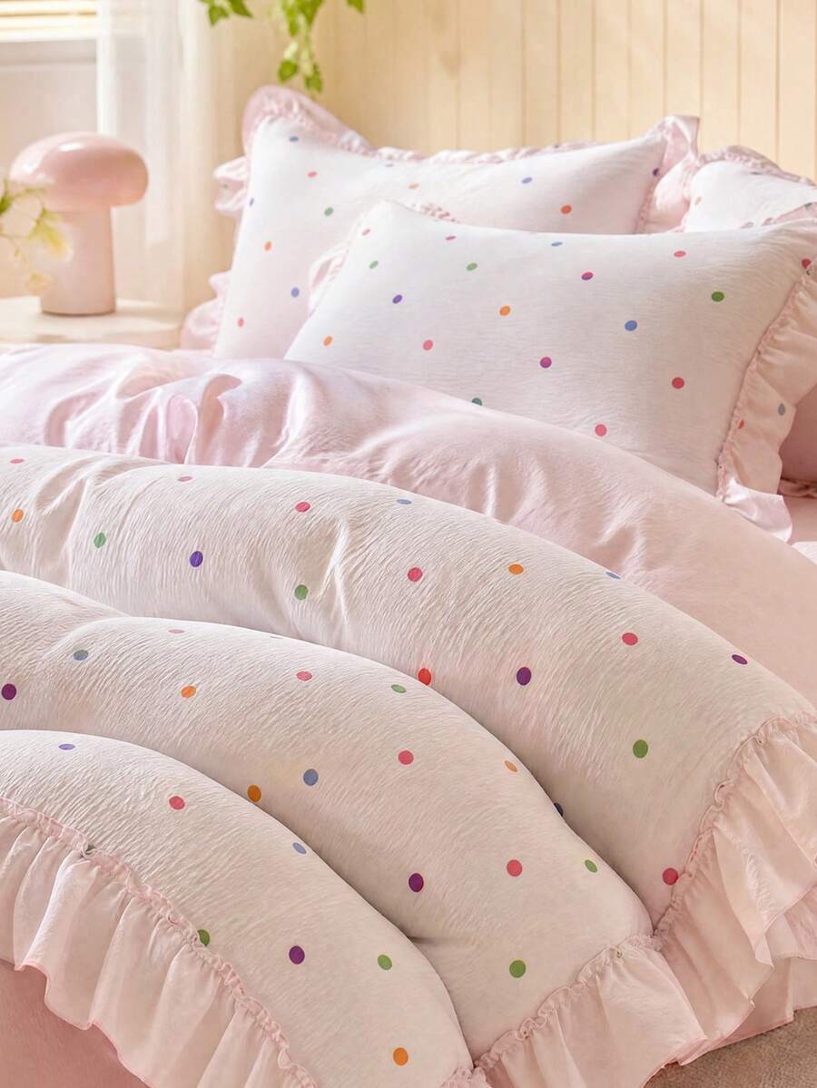 SHEIN 3-Piece Set Of Wrinkled Yarn Korean Lace Bedding Quilt Cover Set, Including 1 Quilt Cover And 2 Pillowcases (Excluding Core), Cute Color Polka Dot Printing Quilt Cover, The Fabric Is Comfortable And Soft, Suitable For All Seasons - Multicolor - View 1
