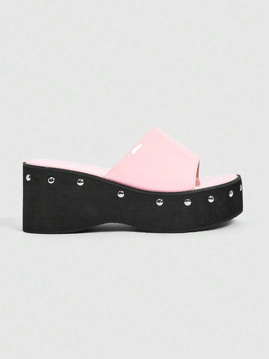 Sugerpunk Women Heeled Sandals With Open-Toed Thick-Soled Locomotive Rivets Slippers - Pink - View 1