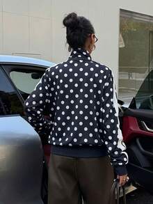 Muchica Black And White Polka Dot Floral Applique Trim Women's Lightweight Jacket Everyday Autumn Streetwear - Navy Blue - View 2