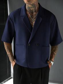 SLATEMANN 男士舒適純色短袖襯衫，極簡大領口配2顆鈕扣，適合正式或休閒場合，休閒度假、聚會、簡約辦公、居家休閒穿著，百搭風格，適合自穿或送禮給朋友，熱銷舒適面料襯衫 - 寶藍色 - 查看 5