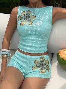 Aloruh 薄荷綠夏季休閒優雅度假風 Y2K 女款圓領短版亮片背心上衣,時尚派對節慶穿搭 - 綠色 - 查看 7