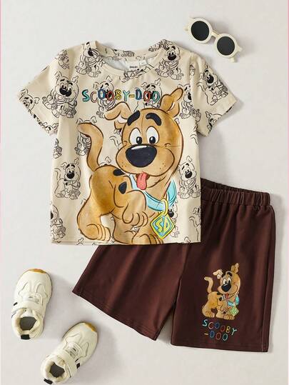 SCOOBY-DOO X SHEIN Young Boy Cartoon Print T-Shirt & Shorts Set