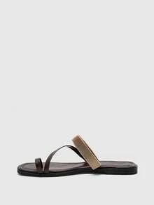 CUCCOO BIZCHIC Minimalist Dark Brown Leather Metal Spring Coil Toe Flats, Women's Elegant Casual Open-Toed Sandals - Mocha Brown - View 4