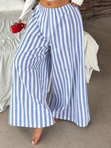 Dazy Plus Plus Size Summer Vacation Striped Loose Wide Leg Skorts Loungewear Bottoms Sleepwear All Season - Blue and White - View 6