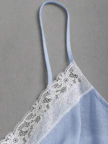 Sunnyshic Women's Fashion Lace Patchwork V-Neck Spaghetti Strap Mini Dress - Blue - View 5