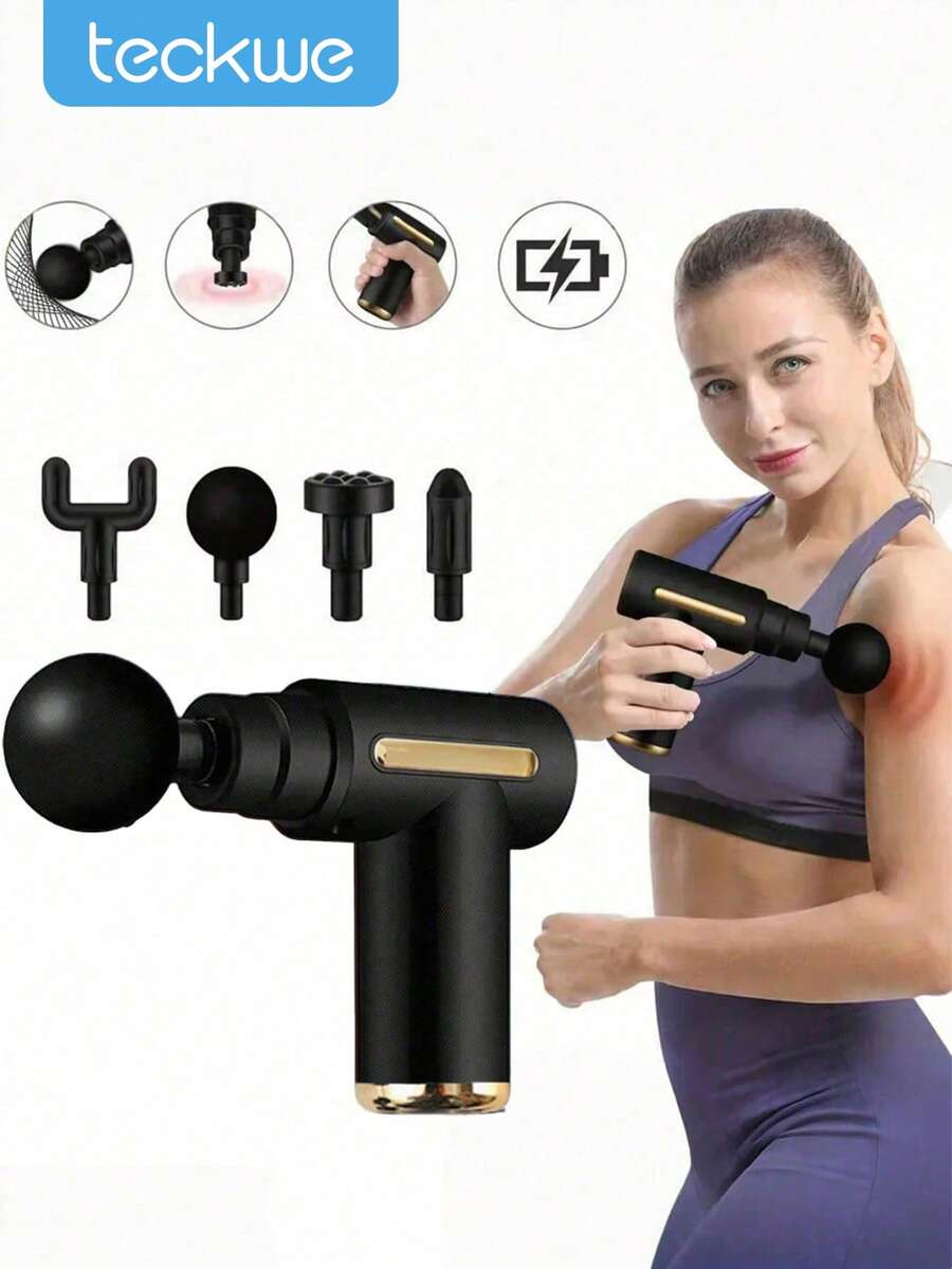 Teckwe Portable Muscle Massage Gun For Body Massage, With Led Touch Screen, Speed Adjustment, Rechargeable, And 4 Replaceable Massage Heads Fascia Gun - Muscle Seat - Professional Physiotherapy Grade Multi-Functional Mini Electric Handheld Hammer Neck800mAh