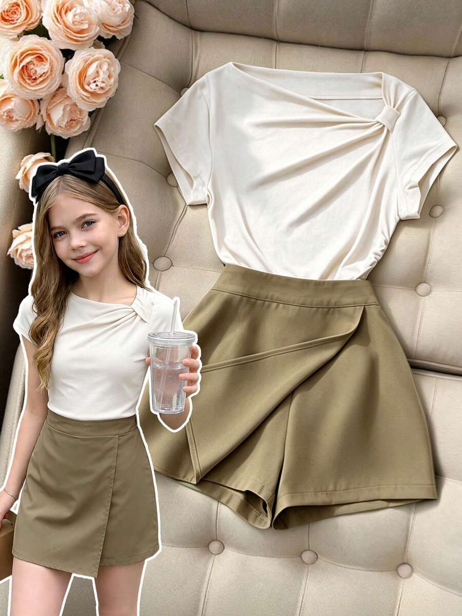 SHEIN Tween女孩兩件式韓系軟妹風童裝套裝,露肩短袖上衣+前S設計,返校穿搭,長袖休閒套裝 - 卡其色 - 查看 1