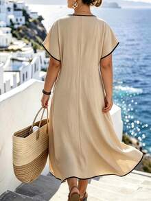 Linhara CURVE Damen-Kleid in großen Größen mit Farbblockdesign, sommerliches lässiges Urlaubs-Maxikleid, lockeres Boho-Strandkleid mit Rundhalsausschnitt, lässig-elegant mit Rüschenärmeln, locker gerafftem Volantrock - Khaki - Übersicht 5