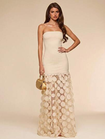 SHEIN BAE Apricot Solid Color Knit Bustier Patchwork Polka Dot Embroidered Ruffle Hem Elegant Dress, Suitable For Brunch, Bridesmaid, Party, Cocktail, Formal Occasions, Birthday, Valentine's Day