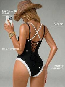 Shapewave Women's Sexy Fashion 2 In 1 One-Piece Swimsuit For Beach Party Vacation Black Summer - Black and White - View 3
