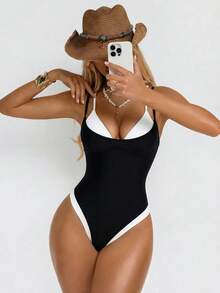 Shapewave Women's Sexy Fashion 2 In 1 One-Piece Swimsuit For Beach Party Vacation Black Summer - Black and White - View 6
