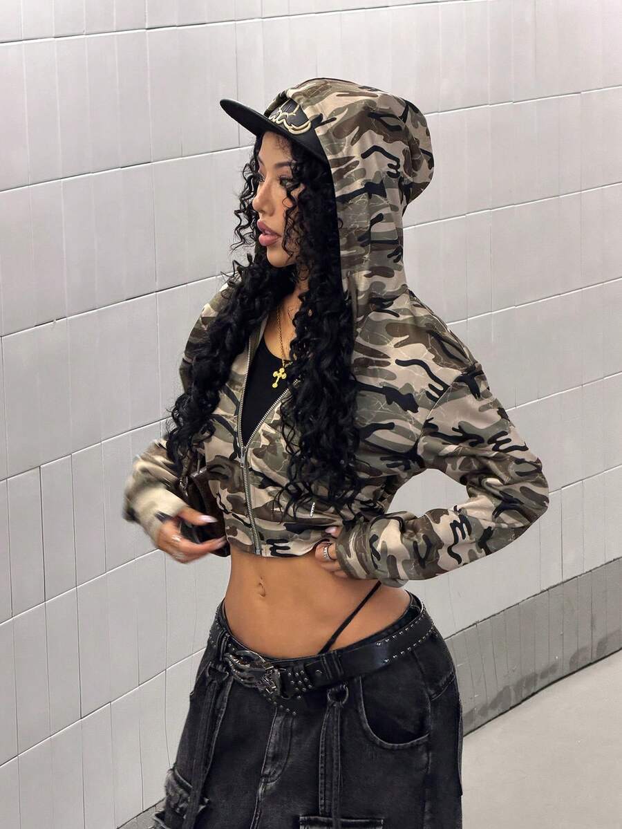StreetHx Women's Spring/Autumn American Street Camouflage Cool Design Hooded Short Jacket, Slimming Camouflage Regular Jacket - Multicolor - View 1