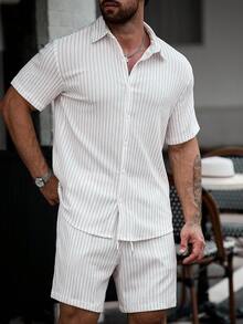 Manfinity CasualCool Men's Jacquard Textured Striped Short Sleeve Shirt And Shorts Set - White - View 4