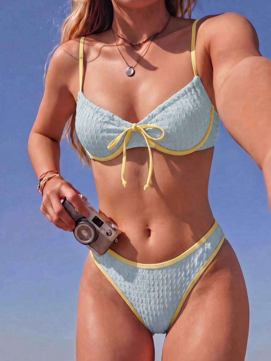 Swim Mod 新款女款 Coquette 可愛風夏季海灘度假風兩件式比基尼套裝,掛脖荷葉邊上衣配前綁帶設計,可調節肩帶,高衩性感三角褲,純黃波浪紋理面料,柔軟透氣輕盈快乾彈性材質,適合夏季度假、泳池派對、海灘假期、音樂節、母親節/婚禮假期、春假 - 藍色 - 查看 1