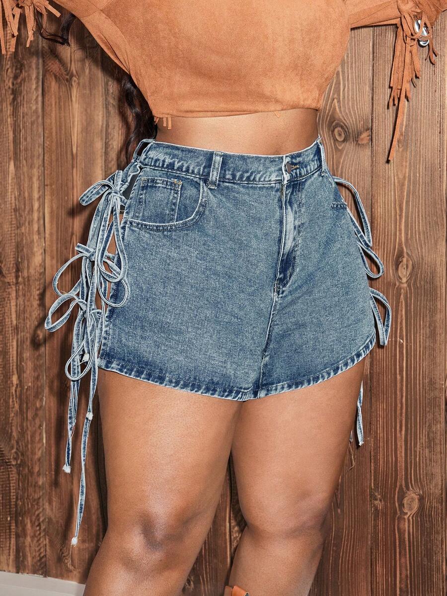 Slaydiva Plus Size Summer Casual Side Slit Lace-Up Denim Shorts - Blue - View 1