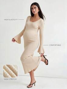Modmama Maternity Solid Color Round Neck Flared Sleeve Slim Fit Elegant Dress Fall,Autumn Outfit For Women Photoshoot Beige - Apricot - View 1