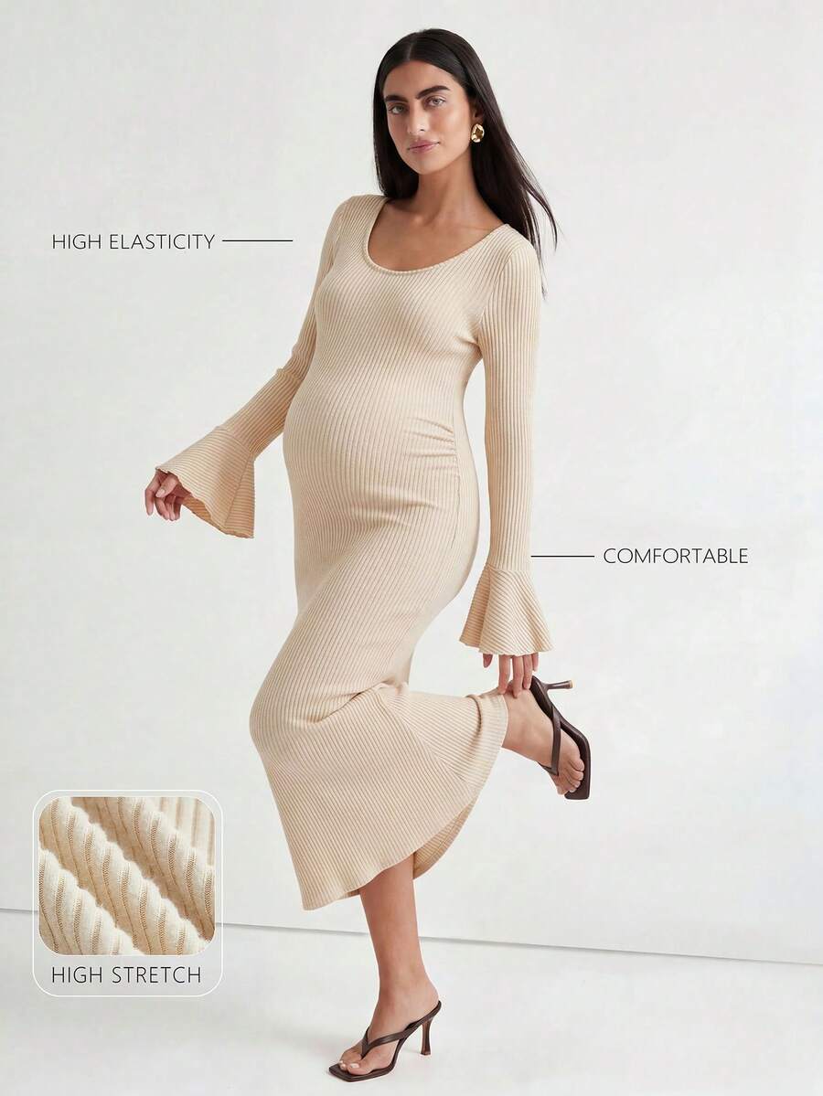 Modmama Maternity Solid Color Round Neck Flared Sleeve Slim Fit Elegant Dress Fall,Autumn Outfit For Women Photoshoot Beige - Apricot - View 1