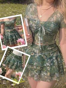 SHEIN MOD Plus Size Summer Green Floral Multi-Layer Ruffle Hem Skirt, Pastoral Romantic Casual Vacation Girly - Green - View 2